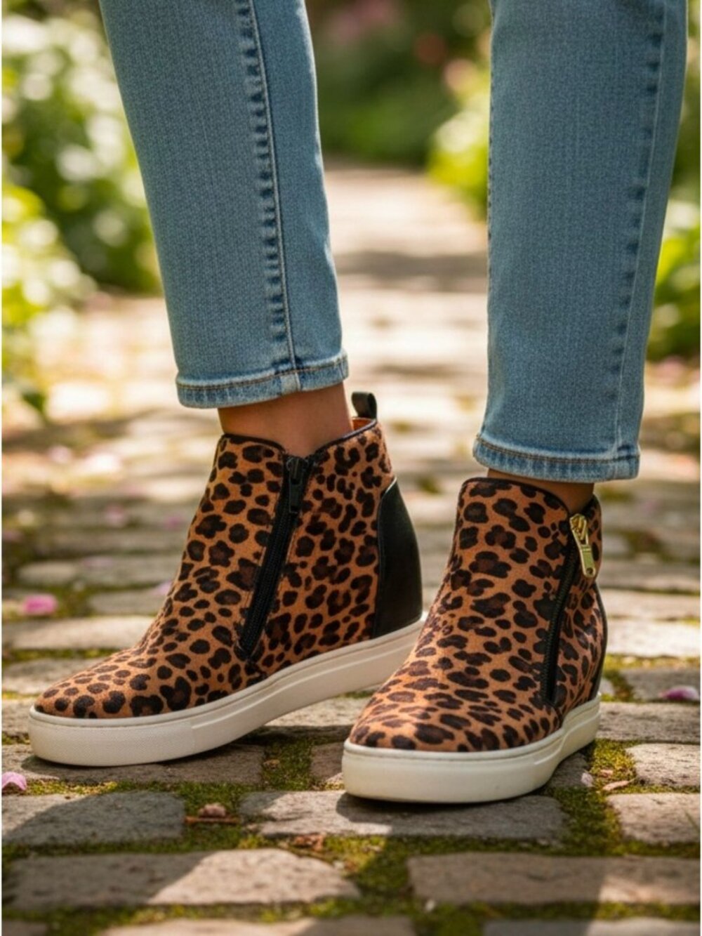 Leopard Print Wedge Sneakers With Side Zipper & Black Accents